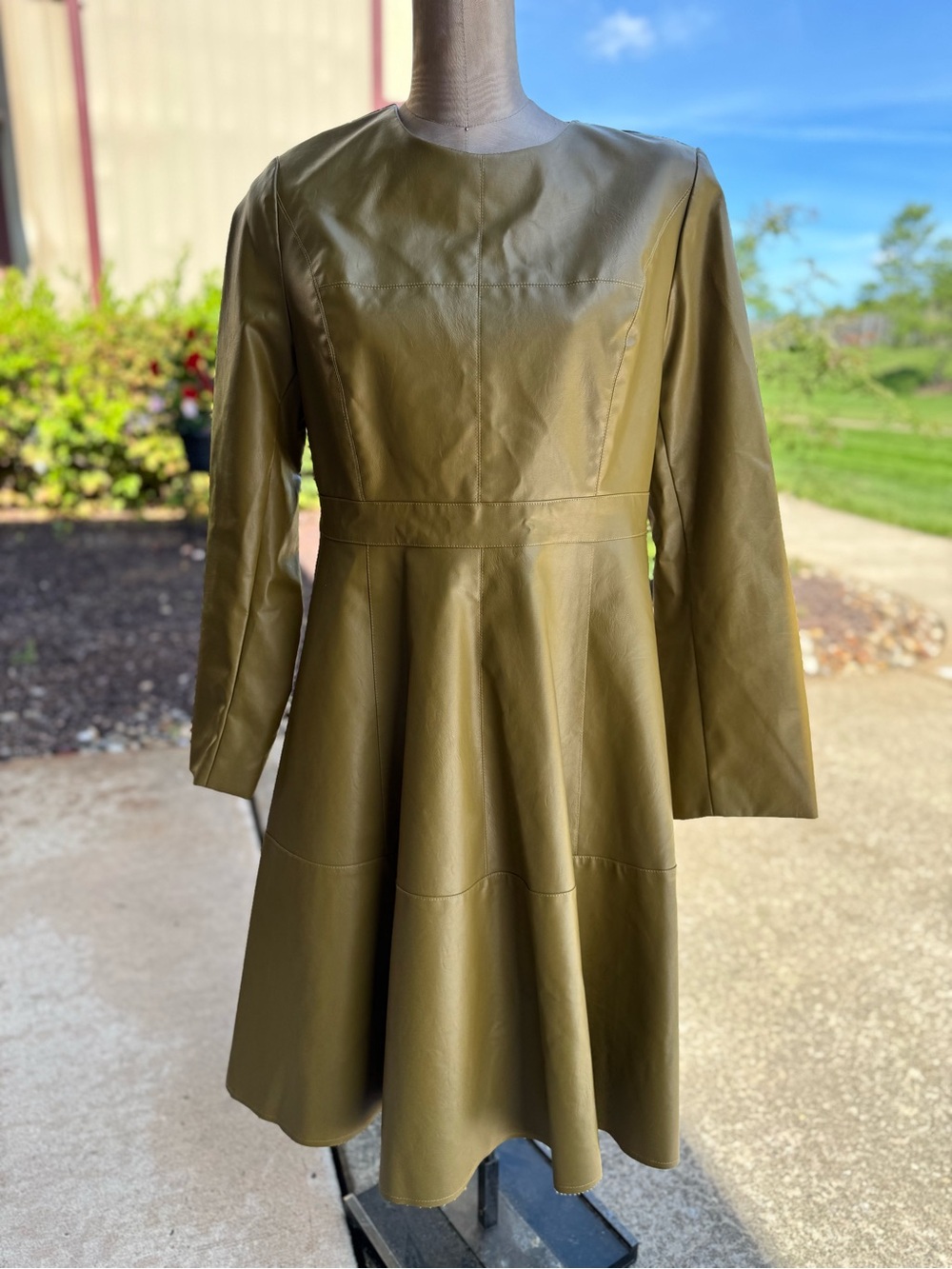 Olive Green Faux Leather Fit-and-Flare Jacket Dress